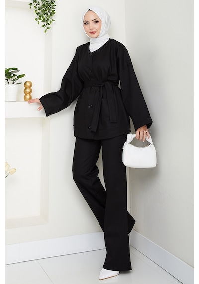 Bestenur Kemerli Ceket Pantolon Gabardin Takım 1557 - Siyah Siyah