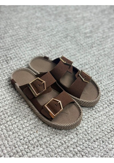 Asmi Shoes Kadın Eleni Kahve Süet Çift Tokalı Rahat Taban Terlik