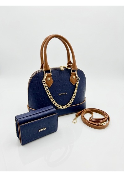 Just Polo Kadın Zincir Detaylı Lüks El & Omuz Çantası Ve Cüzdanı Kombin Shopper Ebat : 25x22 Cm Lacivert - Taba