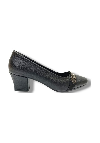 C-shoes 7305-26 Ekose Baskı Bant Taşlı Kısa Kalın Topuk Kadın Ayakkabı Siyah