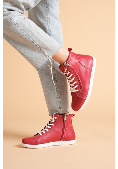 Analin Shoes Kadın Hakiki Deri Günlük Fermuarlı Spor Bot Kırmızı