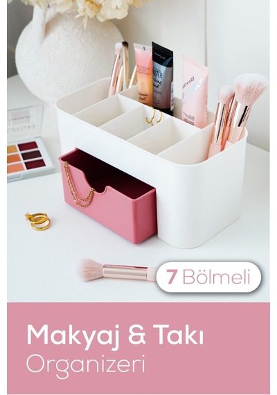 Vienev 7 Bölmeli Çekmeceli Makyaj Takı Organizeri - Masaüstü Düzenleyici Pembe Şeffaf