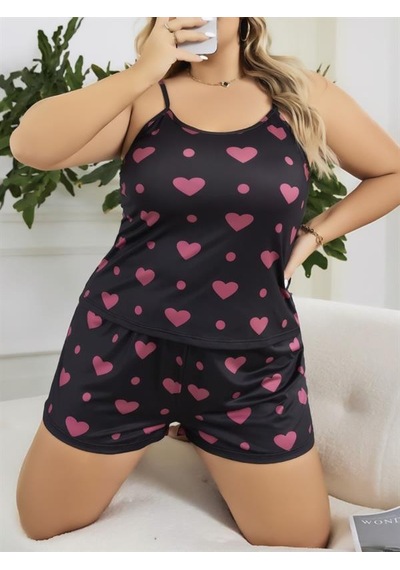 Red Womans Büyük Beden Siyah Kalp Desen İnce Askılı Pamuklu Şortlu Pijama Ta