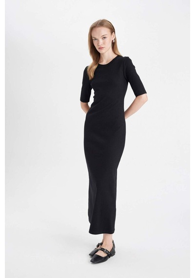 DeFacto 	Bodycon Vücuda Oturan Bisiklet Yaka Basic Düz Fitilli Kaşkorse Kısa Kollu Maxi Elbise D8623AX24AUBK81