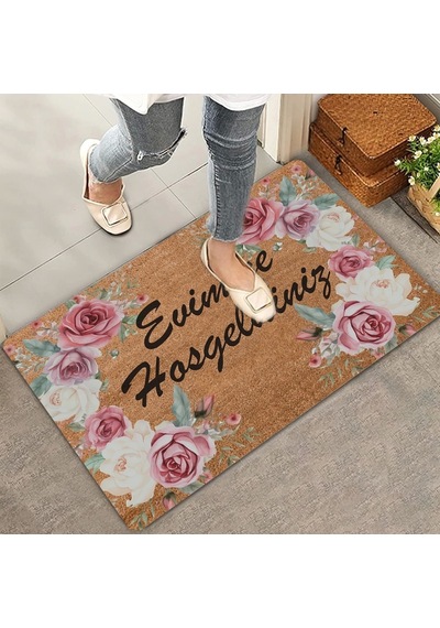 Valerine Life Kırmızı Beyaz Çelenk Gülleri Welcome Kapı Önü Paspası 45x70cm