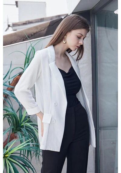 Yazlık Likrasız Keten Kumaş Yakalı Cep Kapaklı Oversize Blazer Ceket-beyaz Beyaz