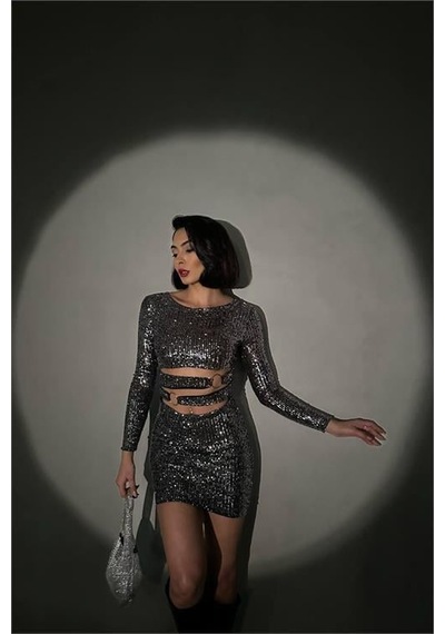Dip Moda Kadın Gri Halka Detyalı Mini Pul Payet Elbise Dpnbdf106 Gri
