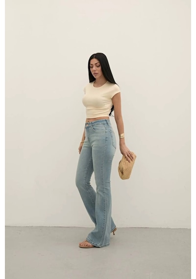 Light Blue Premium Yüksek Bel Bronz Düğmeli İspanyol Paça Jeans Light Blue