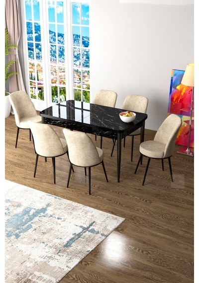 Canisa Concept Zen Serisi 80x132 Mdf Açılabilir Siyah Mermer Desen Masa Takımı Ve 6 Krem Sandalye Masa Siyah Sandalyeler Krem Canisa Concept Zen Serisi 80x132 Mdf Açılabilir Siyah Mermer Desen Masa Takımı Ve 6 Krem Sandalye Masa Siyah Sandalyeler Krem