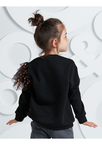 Kız Çocuk Yıldız Desenli Siyah Uzun Kollu Sweatshirt 4-10 Yaş