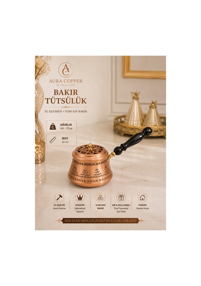 Bakır Tütsülük Ahşap Saplı El İşlemeli Dekoratif Tütsü Kabı 22 Cm - Bakır Bileklik Hediyedir