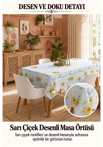 Vivanni Home Yıkanabilir Dikdörtgen Masa Örtüsü Günlük Kullanıma Uygun Pratik Ve Uzun Ömürlü Ayçiçeği Beyaz