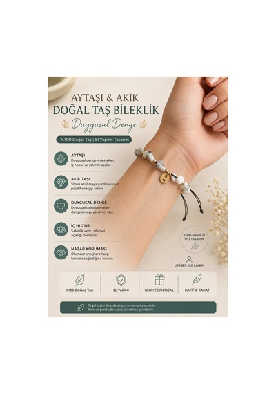 Doğal Taş Aytaşı Akik İpli Bileklik Sevgiliye Hediye - Erkek Kadın Unisex Beyaz Beyaz