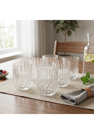 6'lı Kesme Kristal Desenli Cam Bardak Seti - Klasik Tasarım Su, Meşrubat Ve Viski Bardağı Takımı 315 Ml Çok Renkli