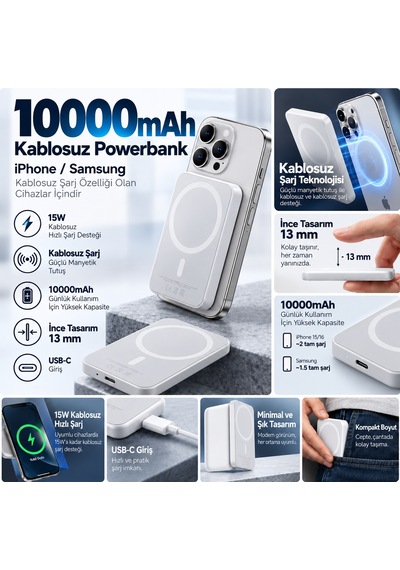 10000mah Magsafe Manyetik Kablosuz Powerbank 15w Hızlı Şarj İnce Usb-c İphone & Samsung Uyumlu BEYAZ