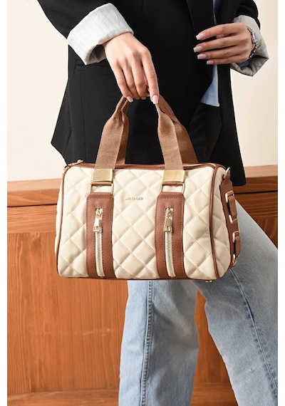 Just Polo Kadın Günlük Kullanıma Uygun Ayarlanabilir Askılı Büyük Boy Lüks El & Omuz Çantası Shoulder Bag Krem Kahverengi