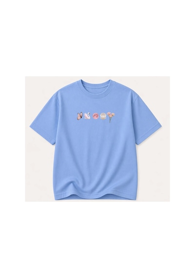 Herkesemoda Minimal Baskı Detaylı Kadın Bisiklet Yaka Pamuklu T-shirt Mavi