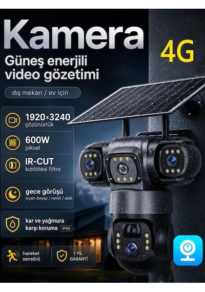 4g Sım Kartlı 4k 3 Lensli Solar Ptz Güvenlik Kamerası V380 Pro 360 Yapay Zeka İnsan Algılama Renkli Gece Görüşü Dış Mekan Kamera