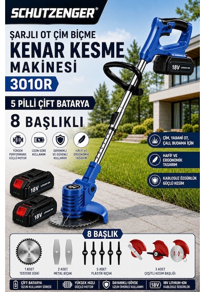 Schutzenger 3010R Çift Akülü 5 Pilli 3 Farklı 8 Başlık Bakır Motor C7 Kalite Şarjlı Ot Çim Biçme Makinesi