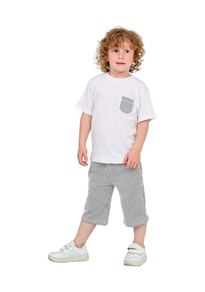 Erdem Kıds Erkek Çocuk Basic T-shirt Şort Çizgili Kaprili Yazlık 2'li Takım Siyah Siyah