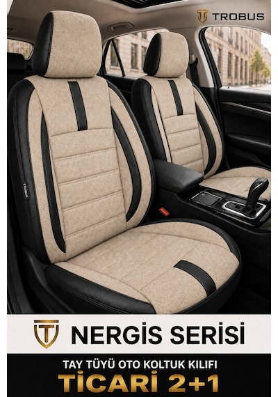 Ford Courier 2014 Ve Sonrası Bej Siyah Nergis Serisi Ortopedik Tay Tüyü 2+1 Ticari Koltuk Kılıfı Bej Siyah