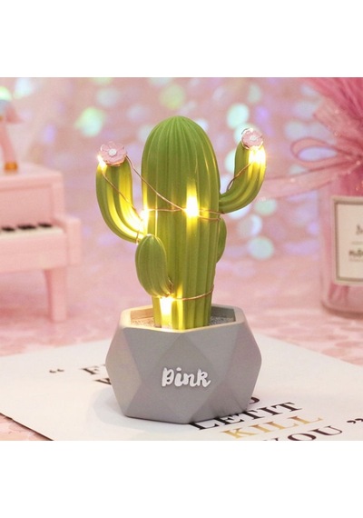 Hobibahçem Led Işıklı Sevimli Kaktüs Dekoratif Masa Lambası Mini Biblo Gece Lambası Yeşil Renkli