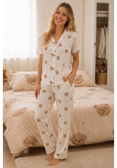 Ayıcık Desenli Bürümçük Kumaş Kısa Kollu Pijama Takımı 6068 Kırık Beyaz