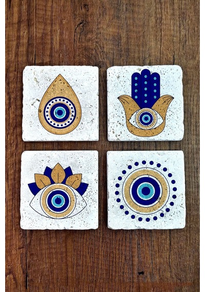 Doğal Taş Bardak Altlığı 4'lü Set 10x10x1 Cm Nazar Boncuğu Desenli - Evileye Stone Coasters 356 Çok Renkli