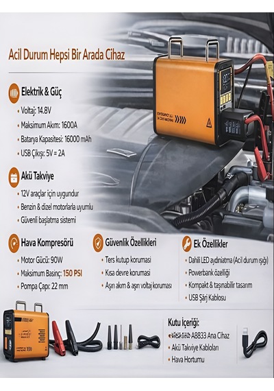 16000mah 14.8v Dijital Ekranlı Araba Akü Takviyeli Kompresör Araç Lastik Şişirme Hava Pompası 150psı Sarı