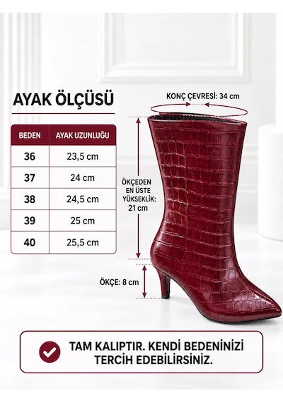 Dabab Shoes Selvıa Kadın Bordo Kroko Cilt Sivri Burun İçi İnce Kürklü 8 Cm İnce Topuklu Orta Konç Bot Bootie Dabab Shoes Selvıa Kadın Bordo Kroko Cilt Sivri Burun İçi İnce Kürklü 8 Cm İnce Topuklu Orta Konç Bot Bootie
