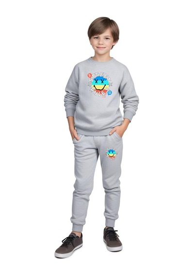 Fyk Kids 2'li Erkek Çocuk Yuvarlak Yaka Baskı Detaylı Eşofman Takımı Lacivert - Gri
