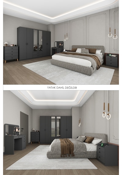 Asra Trend Yatak Odası Takımı 5 Parça %100 Mdf Gardırop Şifonyer Makyaj Masası Komodin Ytk01 Antrasit
