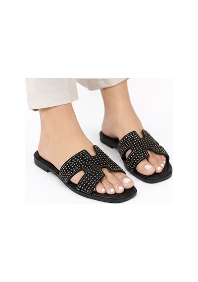 N Napa Shoe Np.1050.gümüş Taşlı Kadın Siyah Taşlı H Bant Düz Terlik Günlük Şık Ve Konforlu Yazlık Terlik