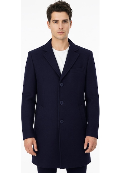 Süvari Slim Fit Sivri Yaka Erkek Koyun Yünlü Kaban Lacivert