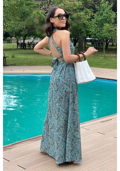 Zafir Butik Kadın Yeşil Sırt Dekolteli Yırtmaç Elbise Yeşil Yeşil