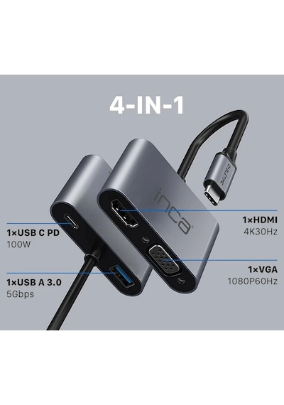 Inca Itpc-06t Type-c Hub X4 Hdmı 4k 30 Hz+ Vga+ Usb 3.0+pd 100w Alumınyum Kasa Çoklayıcı