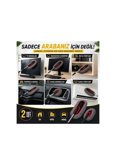 Teleskopik Saplı 2 Adet Mikrofiber Temizlik Fırça Seti İz Bırakmaz Çizmez Toz Alma Aparatı Araba Yık
