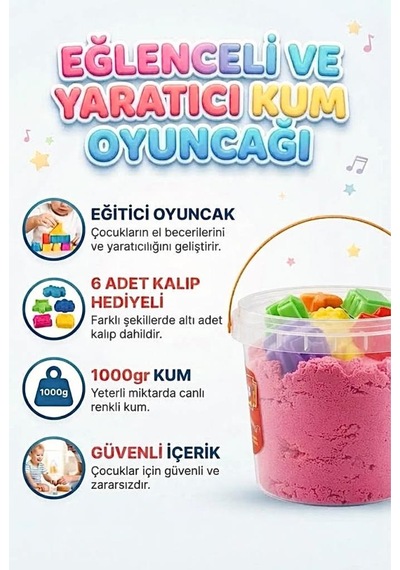 6 Kalıp Hediyeli Kinetik Oyun Kumu Kolay Temizlenen Parlak Kurumayan Güvenli Eğitici Oyuncak Kum Pembe