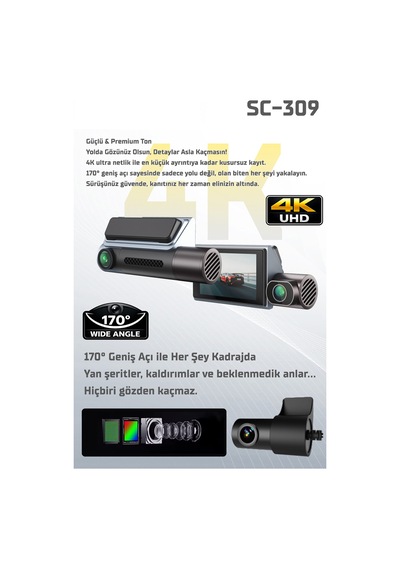 Kayıt Cihazı 4k 3.2'' Dokunmatik Ekran 3 Kameralı Araç İçi Kamera Sc-309