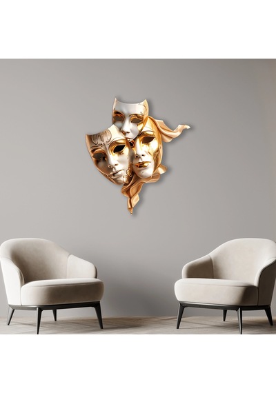 Altın Tiyatro Maskeleri - Metal Tablo - Dec0097 58 X 65 Cm Çok Renkli