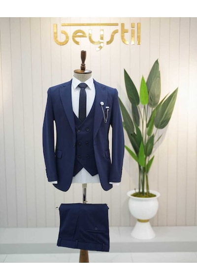 Beystil Sivri Yaka Lacivert Takım Elbise Petek04 - Slim Fit Lacivert