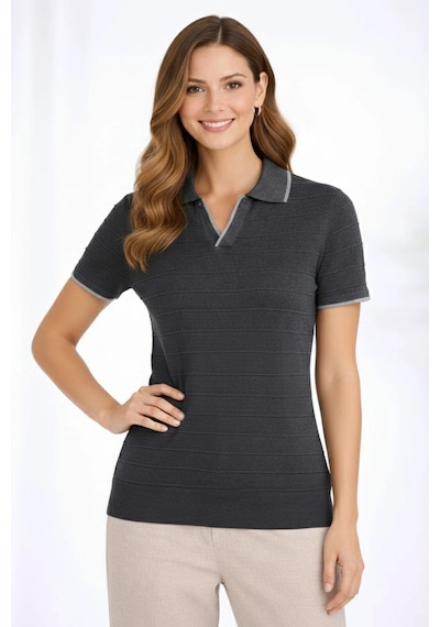 Wear Vexel Kadın Yazlık Dokuma Triko Tişört Düğmesiz Polo Yaka Kısa Kol T-shirt - Siyah Siyah