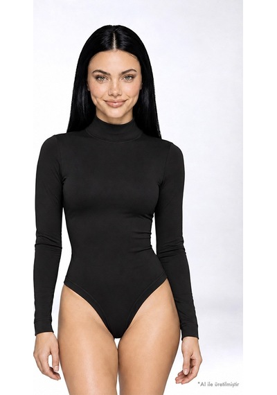 Cottonhıll Premium - Drape Collection Siyah Viskon Balıkçı Yaka Uzun Kollu Çıtçıtlı Kadın Bodysuit