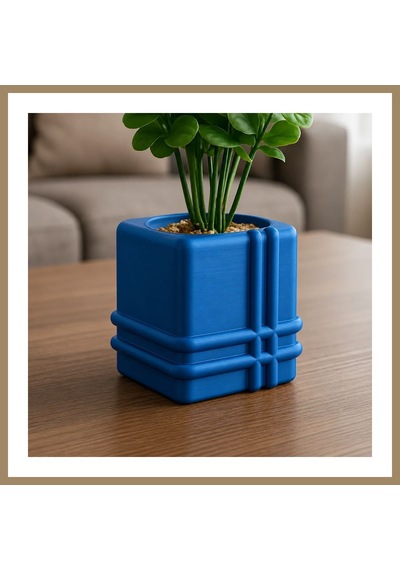 Bezos 3d Baskı Square Planter - Izgara Desenli Küp Saksı-mavi 22