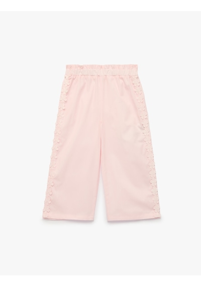 Koton Çiçekli Dantel Detaylı Poplin Geniş Paça Pantolon Pembe 7wmg40009aw Gül