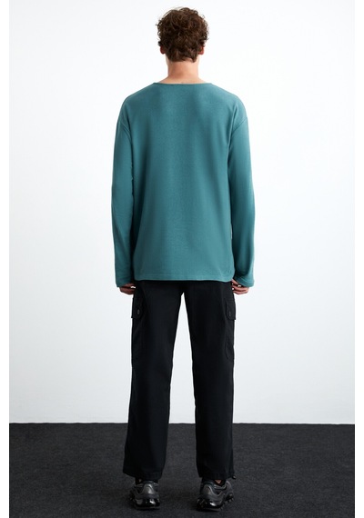 Lorenzo Erkek Özel Rustik Dokulu %100 Organik Pamuk Düğme Detaylı Regular Yeşil Sweatshirt