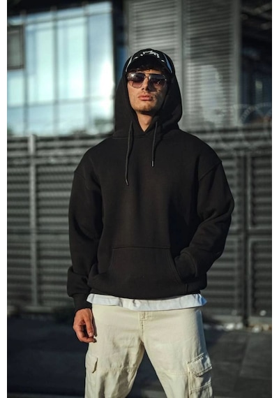 Mbb E-ticaret Erkek 3 İplik Pamuklu Kapüşonlu Basic Sweatshirt Hoodie - Siyah