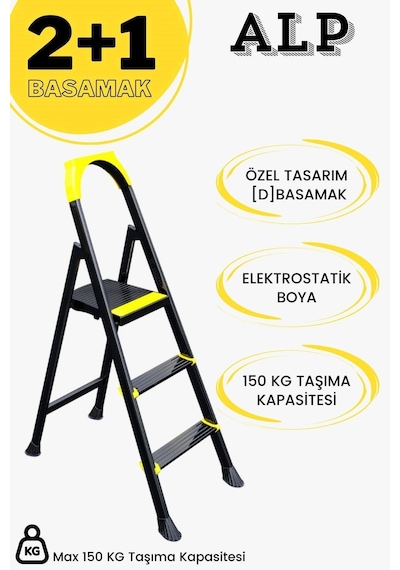 Karen Alp  Siyah 2+1 Metal Basamaklı Katlanabilir Merdiven