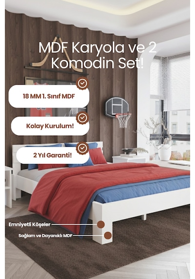 Letto Çift Kişilik Mdf Karyola Ve 2 Komodinli Set