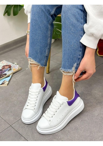 Erva'nın Butiği Beyaz Mor Queen Kadın Bağcıklı Sneakers-5025 Beyaz Mor Cilt